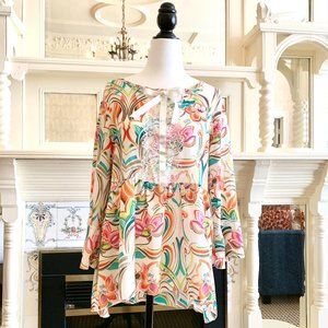 Rinascimento Made in Italy Beautiful Multi-color Print Blouse Lace Detail